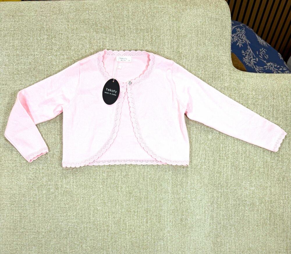 Yekaty Girls Pink Knit Button Cardigan Sweater Long Sleeve Scalloped 6-7Y